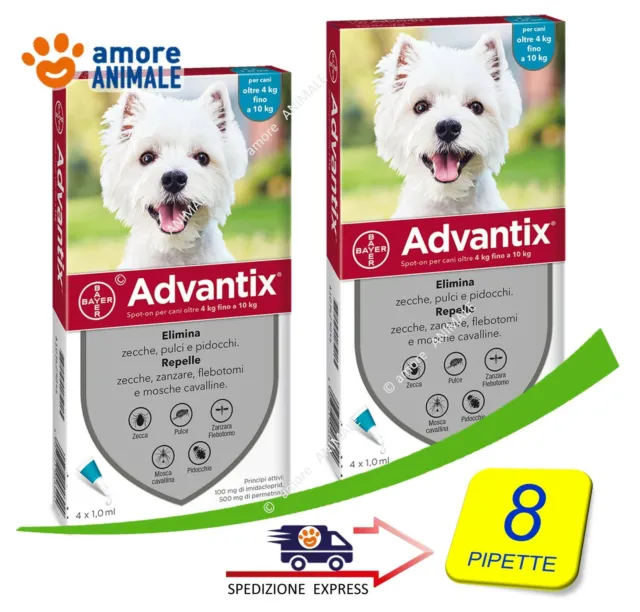 2 CONFEZIONI - Advantix Bayer 4 pipette per Cani da 4-10 Kg - Antiparassitario