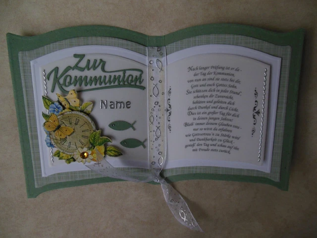 Glückwunschkarte zur Kommunion, mit Vornamen, Unisex, Buchkarte, Handarbeit