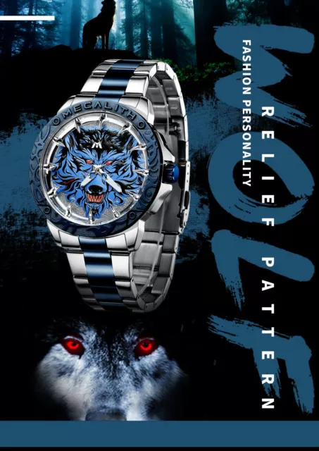 Fashion Wolf Head Embossed Wrist WATCH  MEN Sport Waterproof Stainless Steel