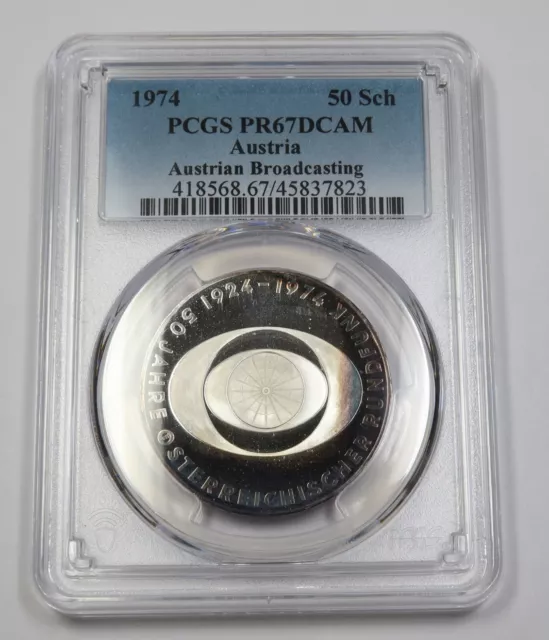1974 PCGS PR67 | AUSTRIA - 1 oz Silver Broadcasting 50 Schilling Coin #39913A