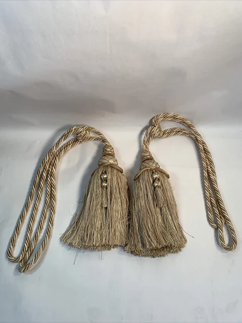 Large Set Of 2 Tie Backs Corded W/Tassels Fringe Gold Beige Drapery Curtains