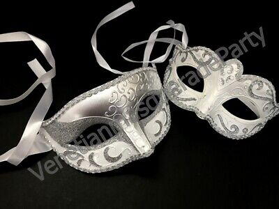 Silver White Masquerade Bridal Shower Wedding Mask Pair Christmas Dance Party