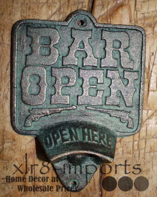 Cast Iron BAR OPEN Plaque OPEN HERE Beer Bottle Opener Rustic Western Wall Mount