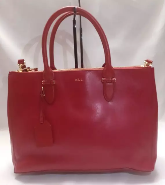 Lauren RALPH LAUREN Leather Newbury Double Zip Satchel Large Red Handbag EUC