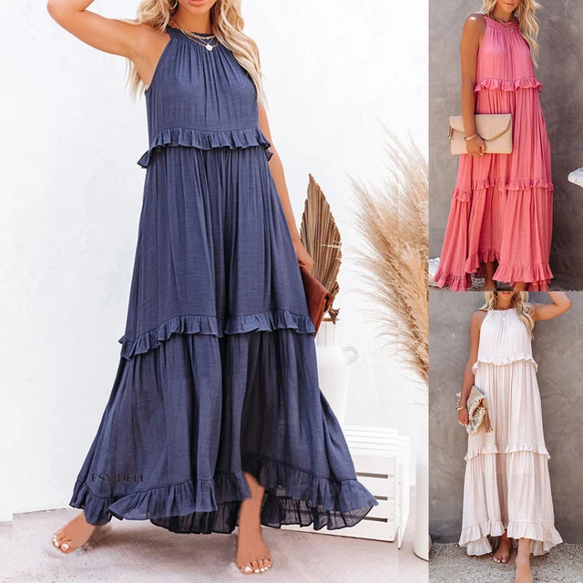 L# LADIES STRINGY Selvedge Dress Casual Pleated Maxi Dress Holidays ...