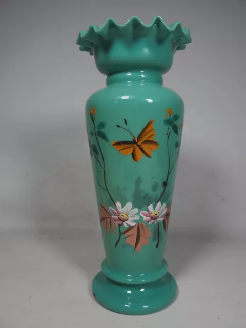 Antique Victorian ? - Hand Painted Aqua Blue Green Glass Vase Butterfly / Floral