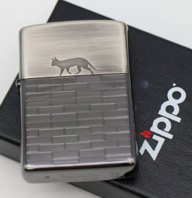 Zippo Oil Lighter Cat Walk Silver Black 2BN-CATW Etching Regular Case Japan