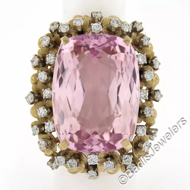 Large 18k Gold 57.74ctw Gia Kunzite Solitaire w/ Diamond Flower Cocktail Ring