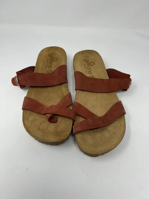 Yokono Sandals Womens 9 Buckle Strappy Flats Red Leather Slip On Open Toe Cork