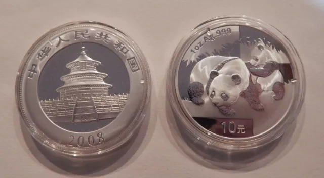 2008 1 oz .999 FIne Silver 10 Yuan Chinese Silver Panda Coin BU in Capsule