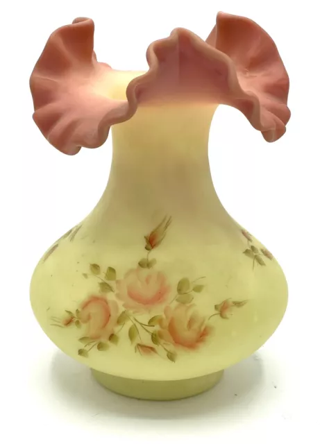 Fenton Art Uranium Glass Hand Painted Roses Burmese Ruffled Vase Artist Signed