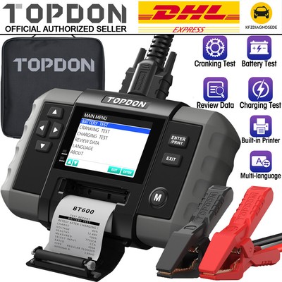 Topdon bt600 AUTO BATTERIA AUTO TESTER BATTERIA revisore assemblato con 12/24v stampante 