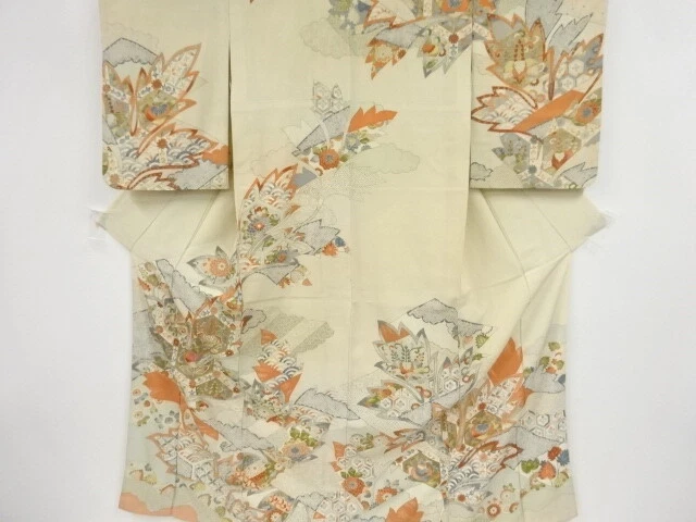 42787# Japanese Kimono / Antique Kimono / Embroidery / Kikko & Floral Plants