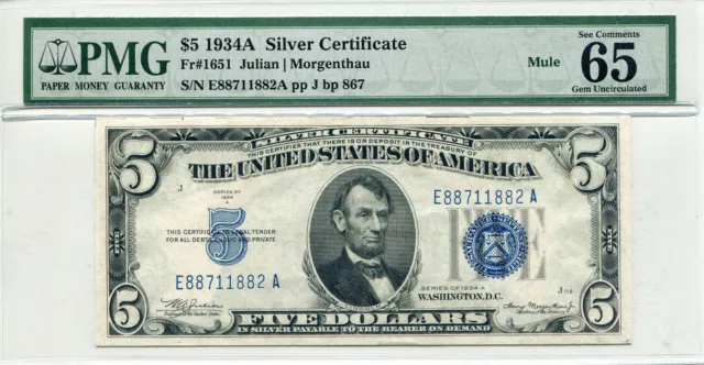 1934A $5 Silver Certificate FR-1651  Mule - MS-65 EPQ PMG