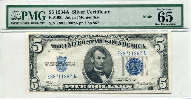 1934A $5 Silver Certificate FR-1651  Mule - MS-65 EPQ PMG