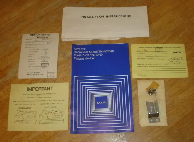 Vintage Pace Model 8010 40 Channel CB Radio Manual, Mic Bracket, Papers