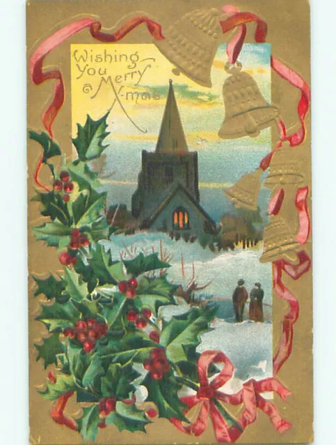 Pre-Linen christmas CHURCH WITH BELLS AND RIBBON AND HOLLY : clearance J1342