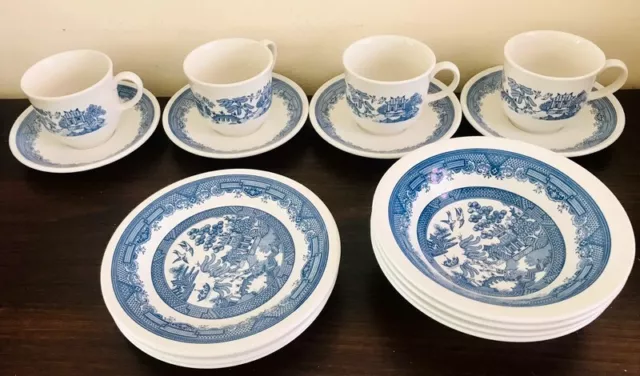 Churchill Blue Willow Tea Cups X 4 and Saucers X 4 Staffordshire tableware