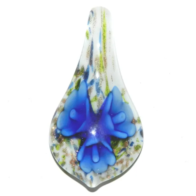 P2472 Blue Flower with Gold Sparkles 55mm Lampwork Glass Spoon Drop Pendant