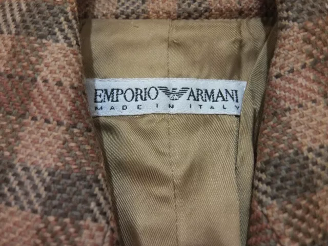 EMPORIO ARMANI Veste à Carreaux 100% Pure Laine Vierge en Camel Marron Gris 40IT 2