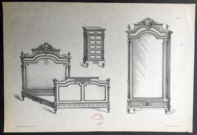 1875 Large Antique Lithograph Print of French Bedroom Furniture Louis XV Style