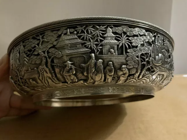 ANTIQUE CHINESE EXPORT SILVER BOWL PLATE 19TH C. MARKED 9"D x 2 1/2" H 36.6 oz