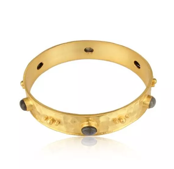 Multi Stone Studded Round Hammered Bangle Gold Plated Labradorite Bracelet Gift