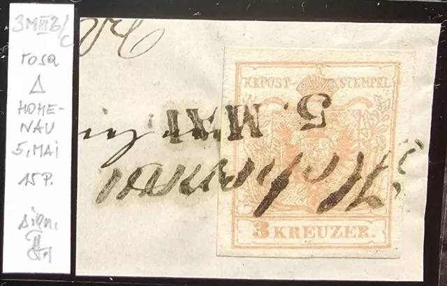 Österreich 1850 / 3 Kr, rosa, MP, Type III.b/c, (HOHENAU ) Briefstück, Sig.