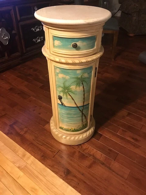 Seaview nightstand. Beach ocean scene 15" round marble top 33" tall drawer shelf