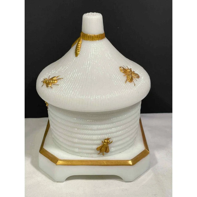 Imperial Glass Milk Glass & Gold Beehive Bee Hive Honey Pot