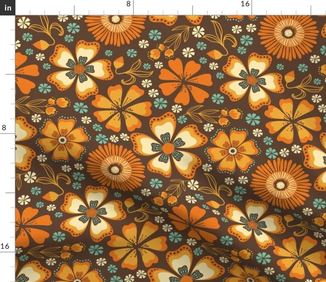 70S Vintage Yellow Flowers Teal Brown Retro Spoonflower Fabric by the Yard