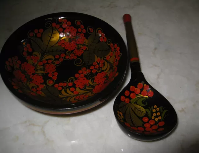 Vintage Hand Painted Khokhloma Lacquer Wooden Bowl with Spoon Made In Russia