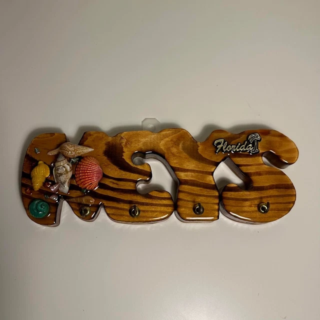 Decorative Florida Keys Wooden Key Holder Wall Mount w/ 4 Hooks - Clocks & Parts