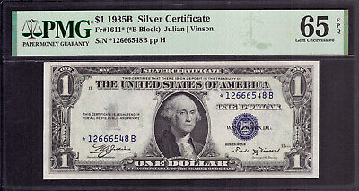 1935 B $1 Silver Certificate Star Note Fr.1611* *B Block Pmg Gem Unc 65 Epq