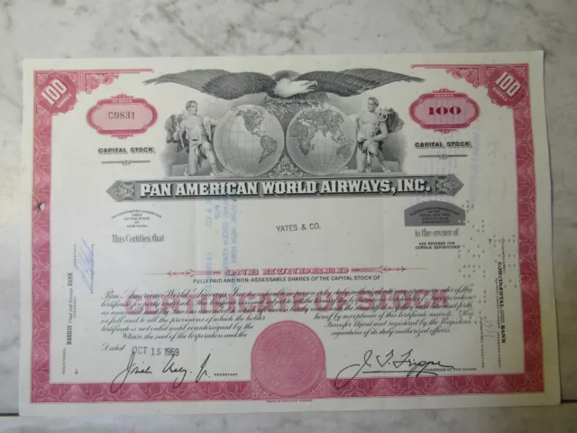 Vintage 1969 Pan American World Airways, Inc. Stock Certificate 100 Shares