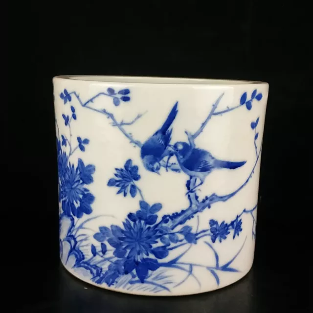 Chinese Blue&white Porcelain Hand-Paintd Exquisite Flowers&Birds Brush Pot 14789