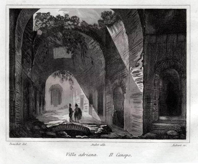 Tivoli: Villa Adriana: il Canopo.Audot.Acciaio.Stampa Antica + Passepartout.1836