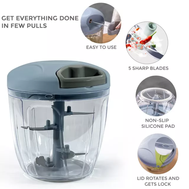 Pull Cord Pulling Food Chopper Manual Vegetable Slicer Hand Blender UK 900ML