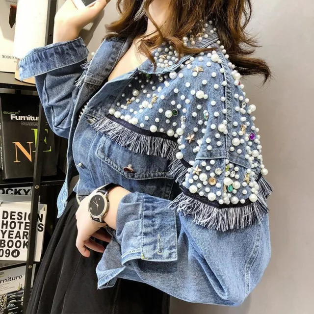 Donna Jeans Giacche Cappotto Strass Perline Nappa Manica Lunga Casual Blu
