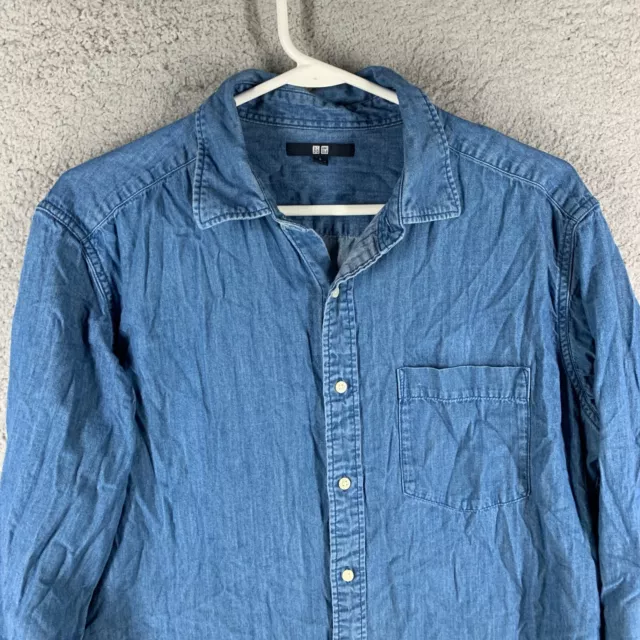 Uniqlo Shirt Mens L Medium Wash Blue Chambray Button Up Western Classic 2