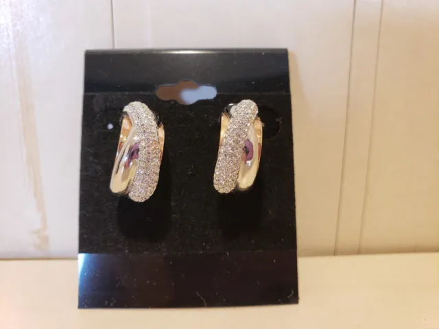 Swarovski Swan Signed Half Hoop Two Toned Gold and Copper Pave Crystal Earrings