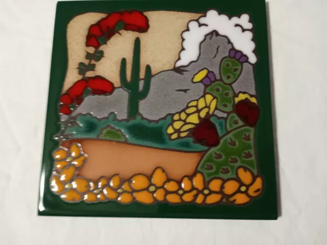 Terra Cotta Red Clay Tile Southwest Cactus Red Orange Flowers Italy 6 x 6"