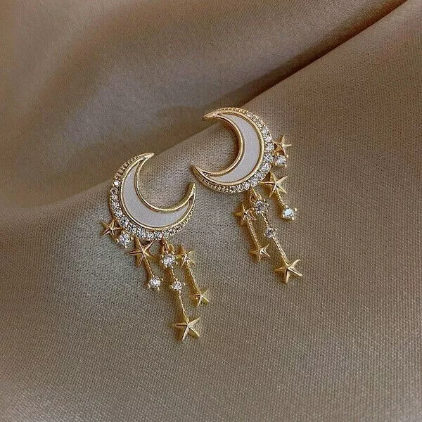 18K Gold Filled Mother Of Pearl Style Half Moon Graduated Stars Stud Earrings