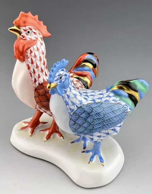 🦋 MINT HEREND  ROOSTER & HEN Blue & Rust Fishnet Bird Figurine ($730 Retail)