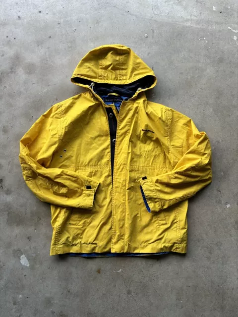 Tommy Hilfiger Rain Coat Y2K Full Zip Hooded Jacket Yellow Mens Medium