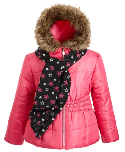 R1881 Rothschild Girls Pink Faux Fur Hooded Puffer Jacket w/Scarf Sz S 56 NEW