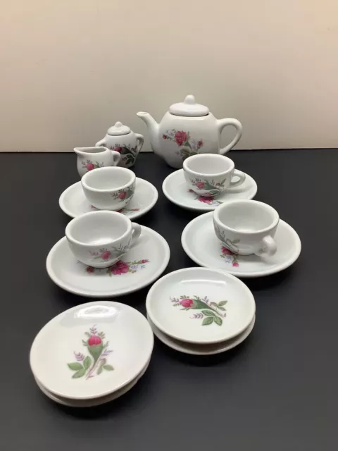 Vintage 17pc Miniature Moss Rose Tea Set Child’s Play Set From China EUC