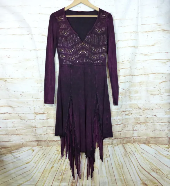T Party Purple Mineral Wash Fringe Hem Studded Dress Womens M Long Sleeve Rock
