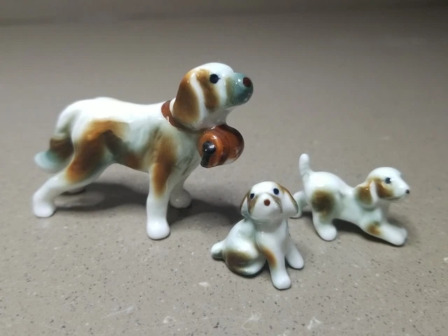 VTG Set Of 3 St. Bernard w/Barrel Dog Pups Miniature Figures Porcelain Ceramic