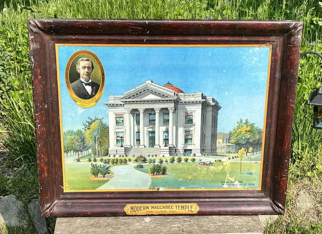 Antique 1906 Modern Maccabee Temple Port Huron Michigan Tin Litho Sign 28.5”